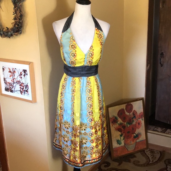 ANTHROPOLOGIE Moulinette Soeurs sz 12 Halter Dress 100% Silk TieNeck Mandela NEW - Picture 2 of 16